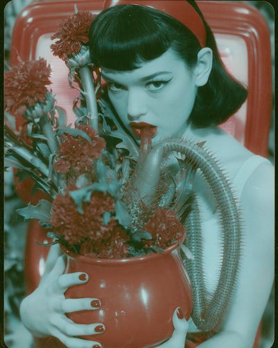 Surreal Portrait with Red Flowers Print. poster