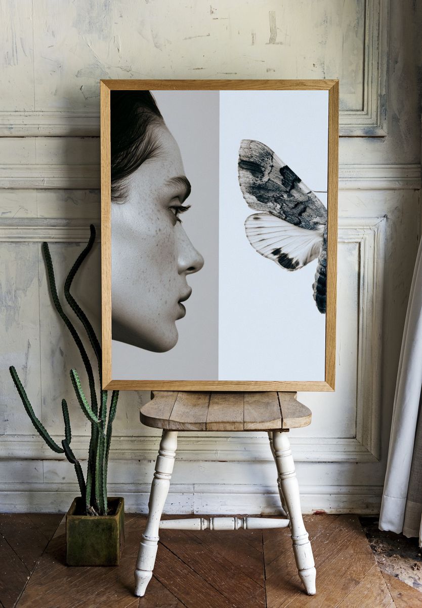 Surreal Portrait Moth Print. room preview