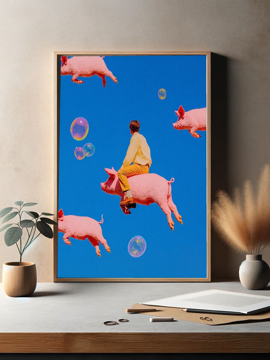 Surreal Pig Riding — Fine Art Print. — room view 2