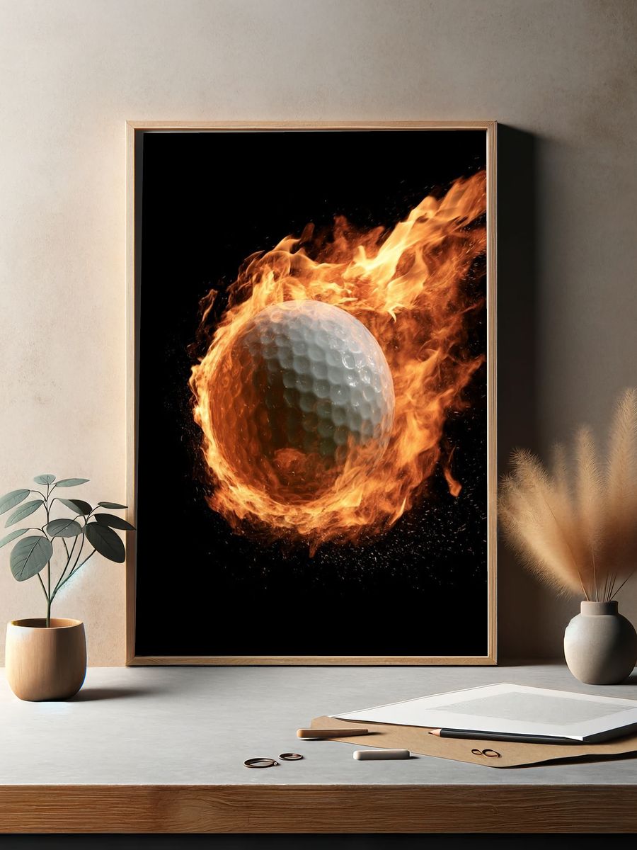 Fiery Golf Ball Photography Poster. — room view 2