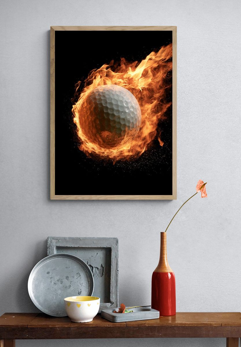 Fiery Golf Ball Photography Poster. — room view 3