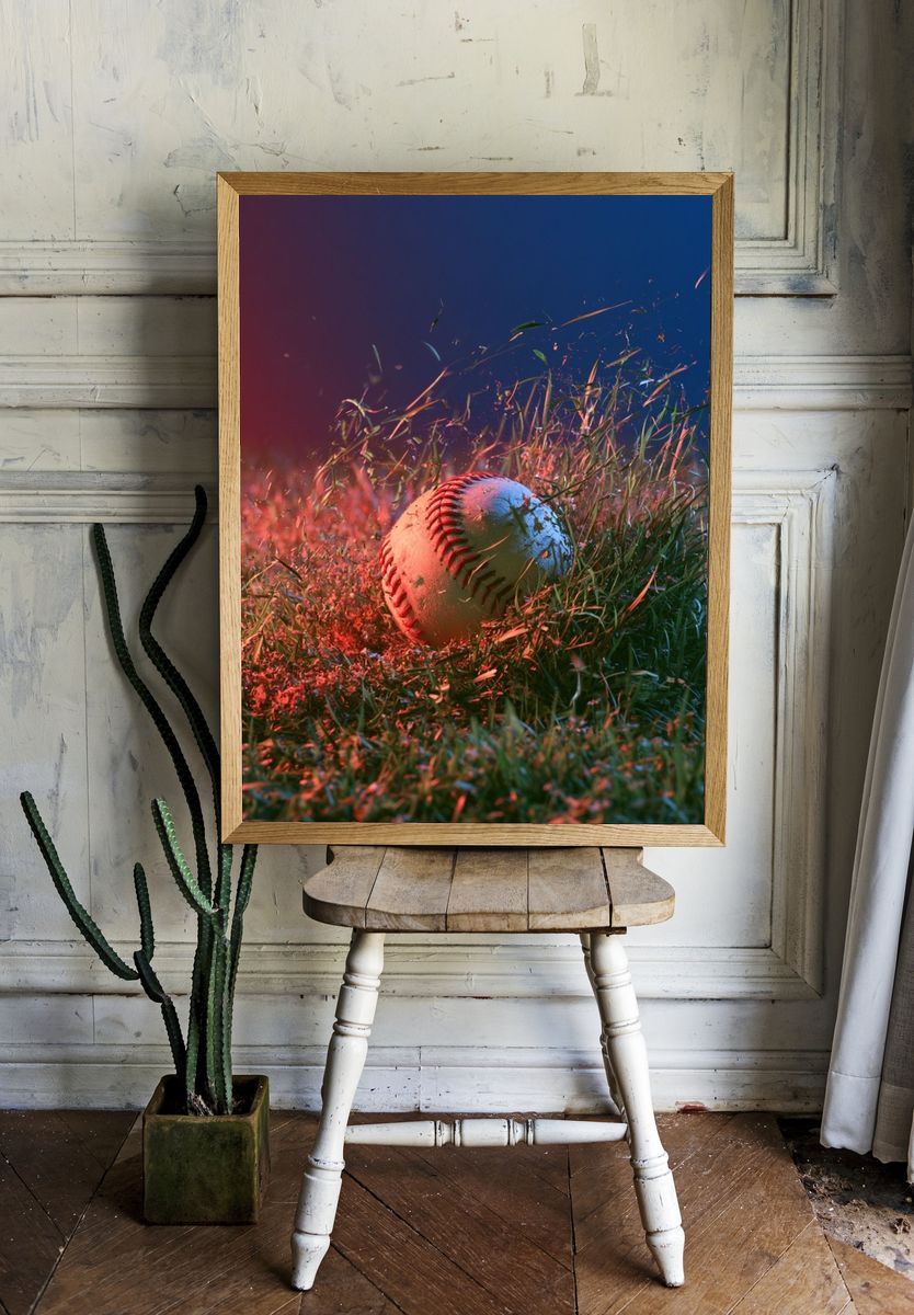 Glowing Baseball in Grass Photography Poster. — room view 1