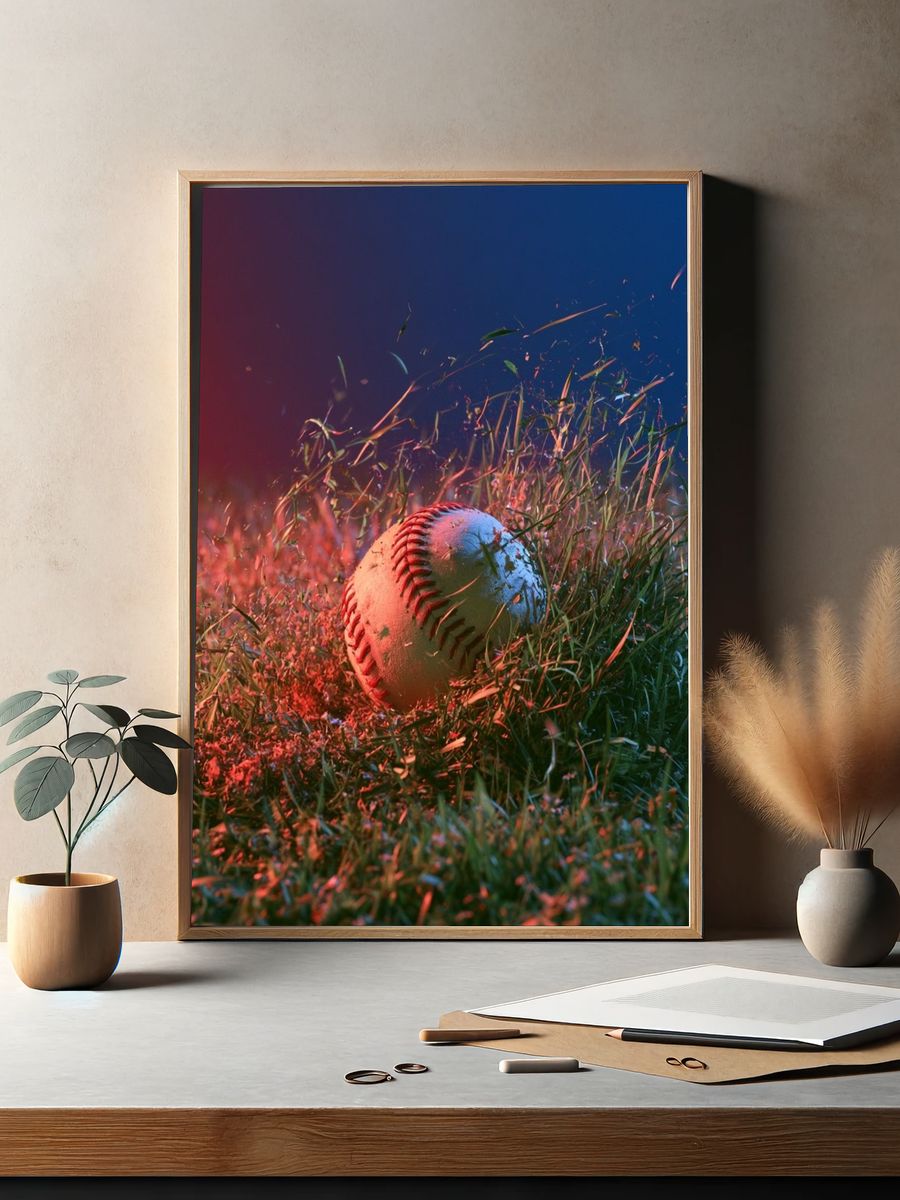 Glowing Baseball in Grass Photography Poster. — room view 2
