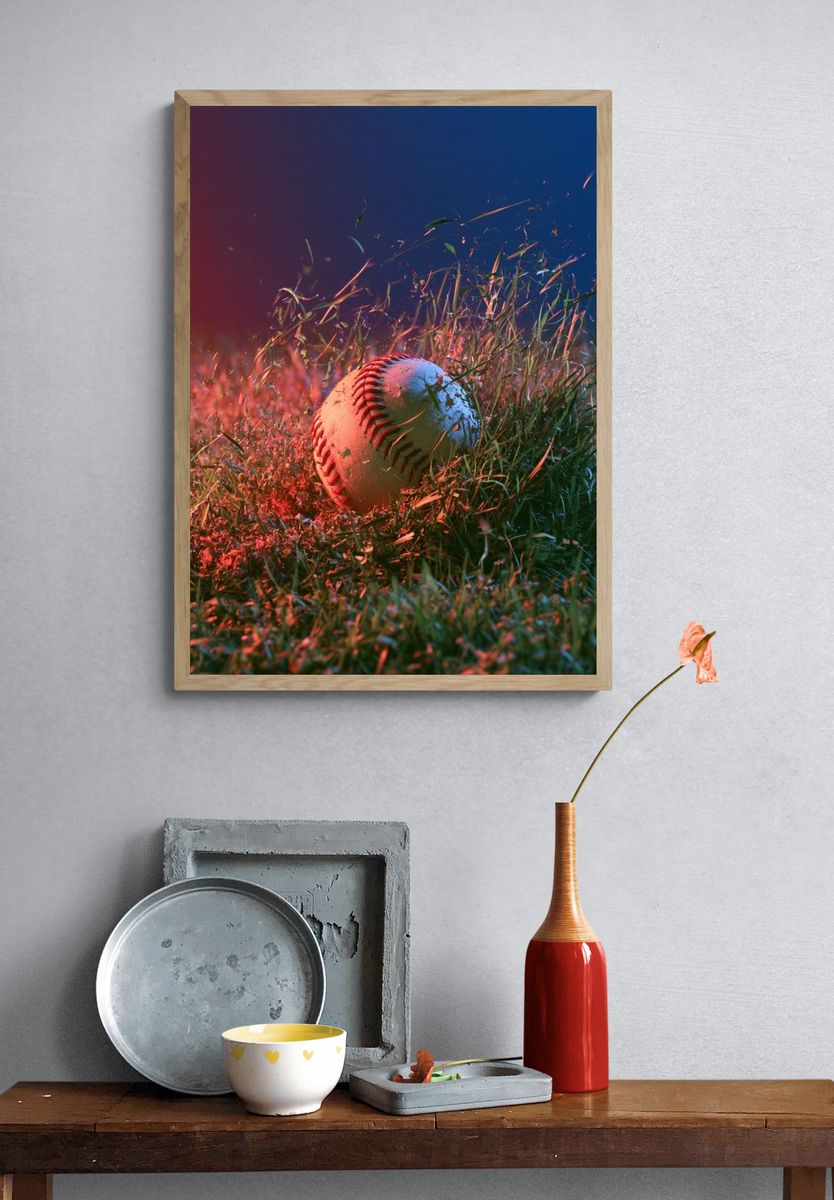 Glowing Baseball in Grass Photography Poster. — room view 3