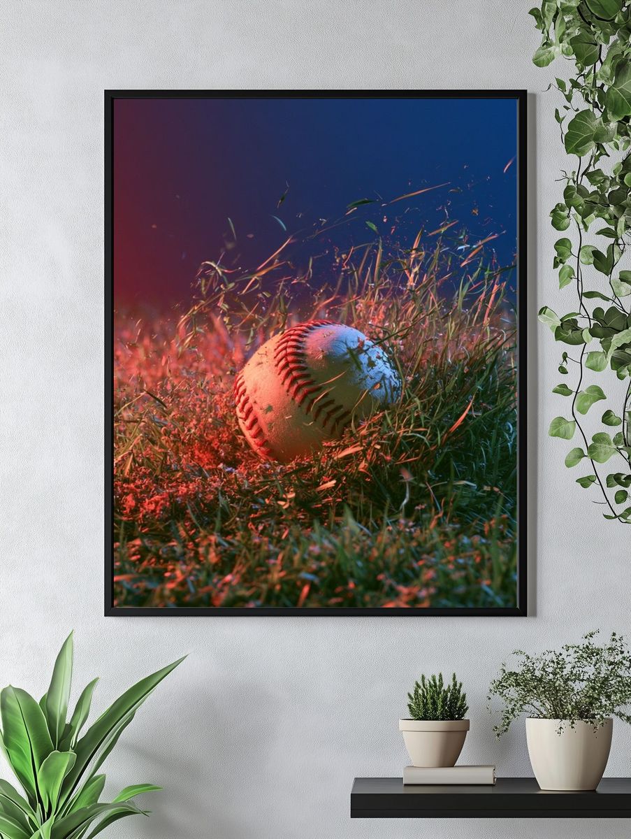 Glowing Baseball in Grass Photography Poster. — room view 4