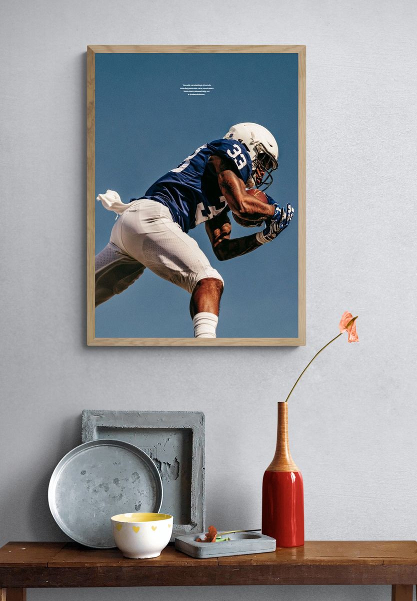 Football Catch Action Photography Poster. — room view 3
