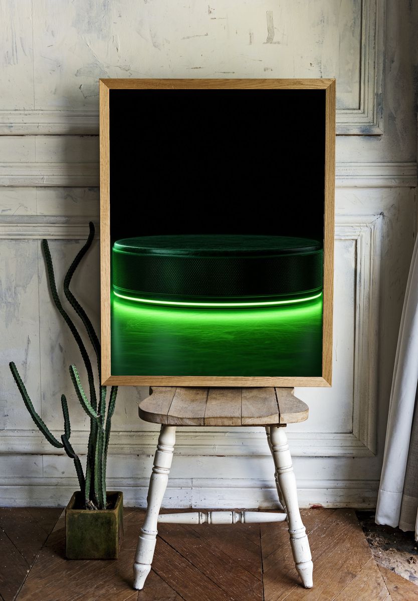 Neon Green Hockey Puck Poster. — room view 1