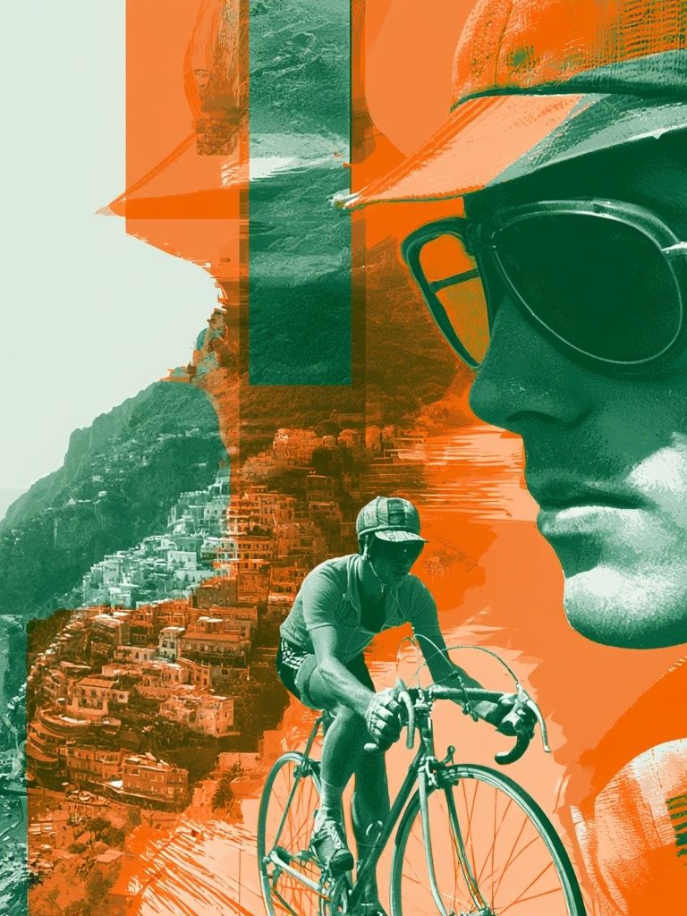 Cyclist Coastal Collage Poster. poster detail