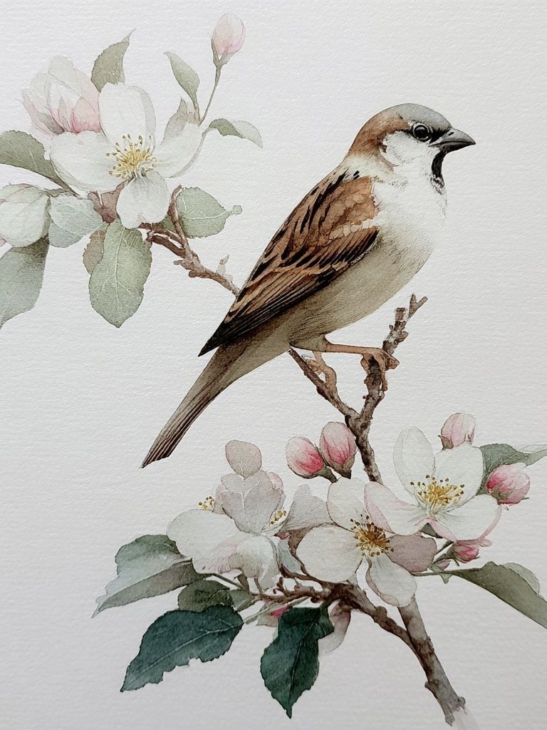 Sparrow and Blossom Watercolor Poster. poster — illustration art