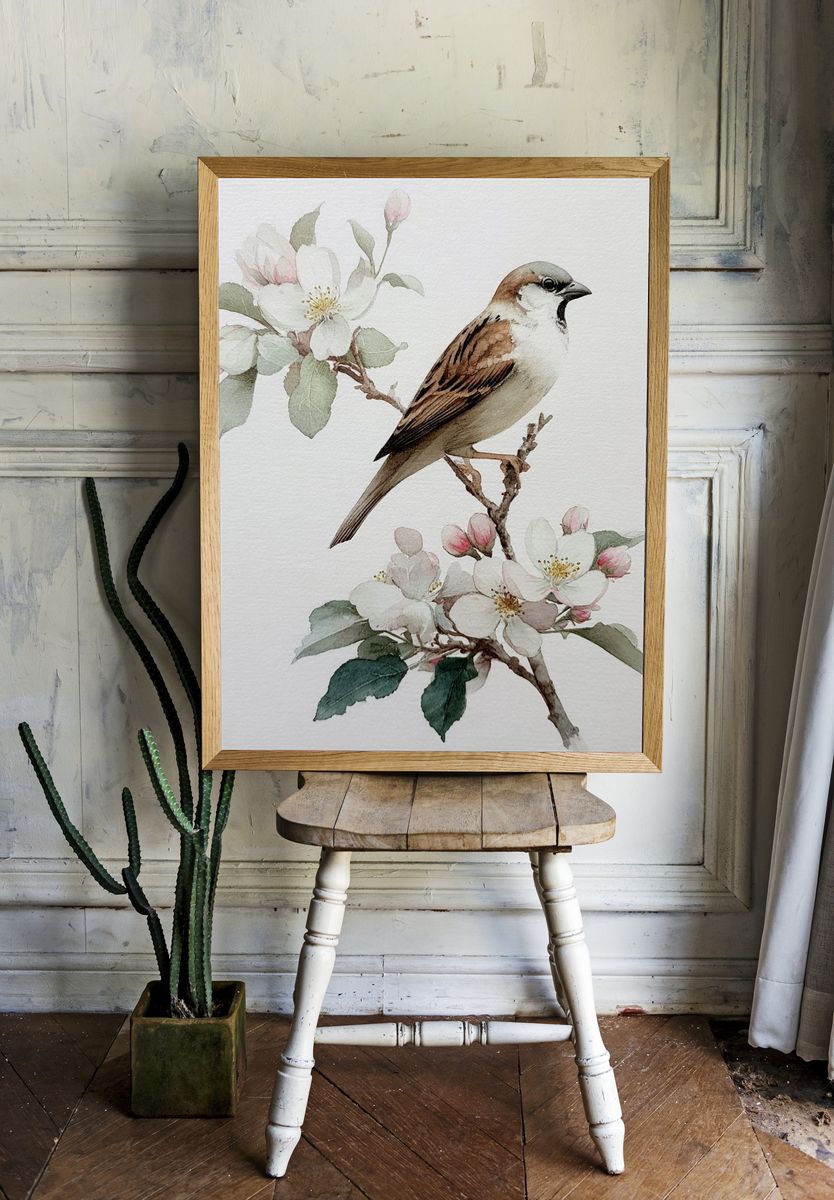 Sparrow and Blossom Watercolor Poster room preview
