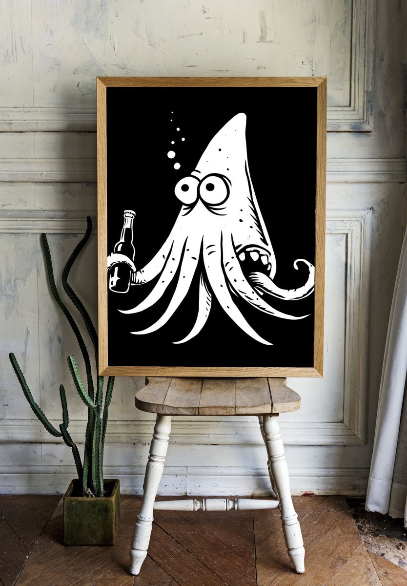 Drunken Squid Cartoon Print. room preview