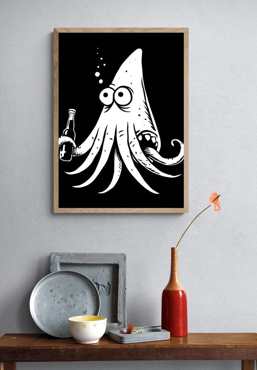 Drunken Squid Cartoon Print. — room view 3