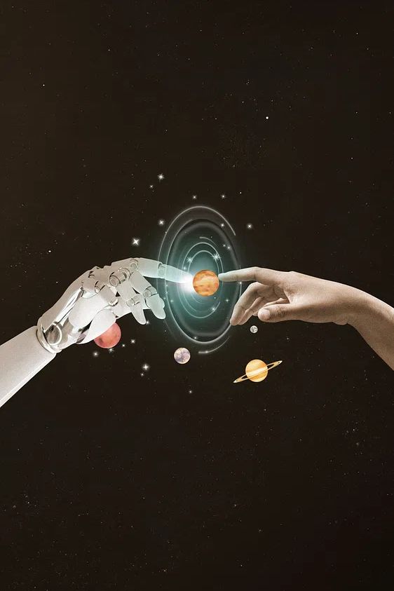 Human and Robot Touching — Space Art Print.