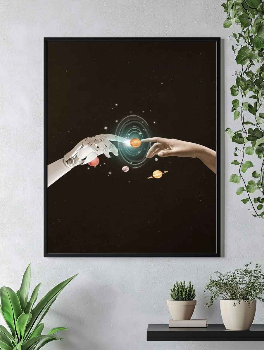 Human and Robot Touching — Space Art Print. — room view 4
