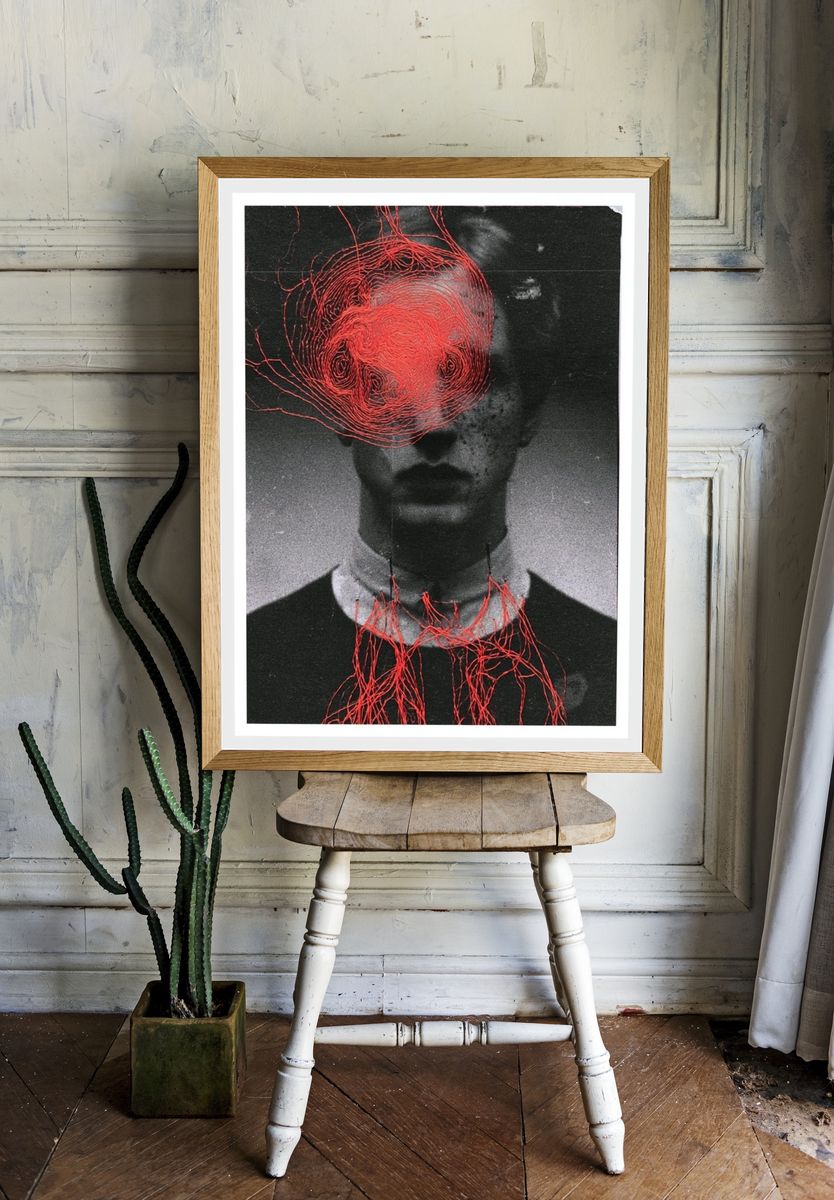 Surreal Red Thread Portrait Print. room preview