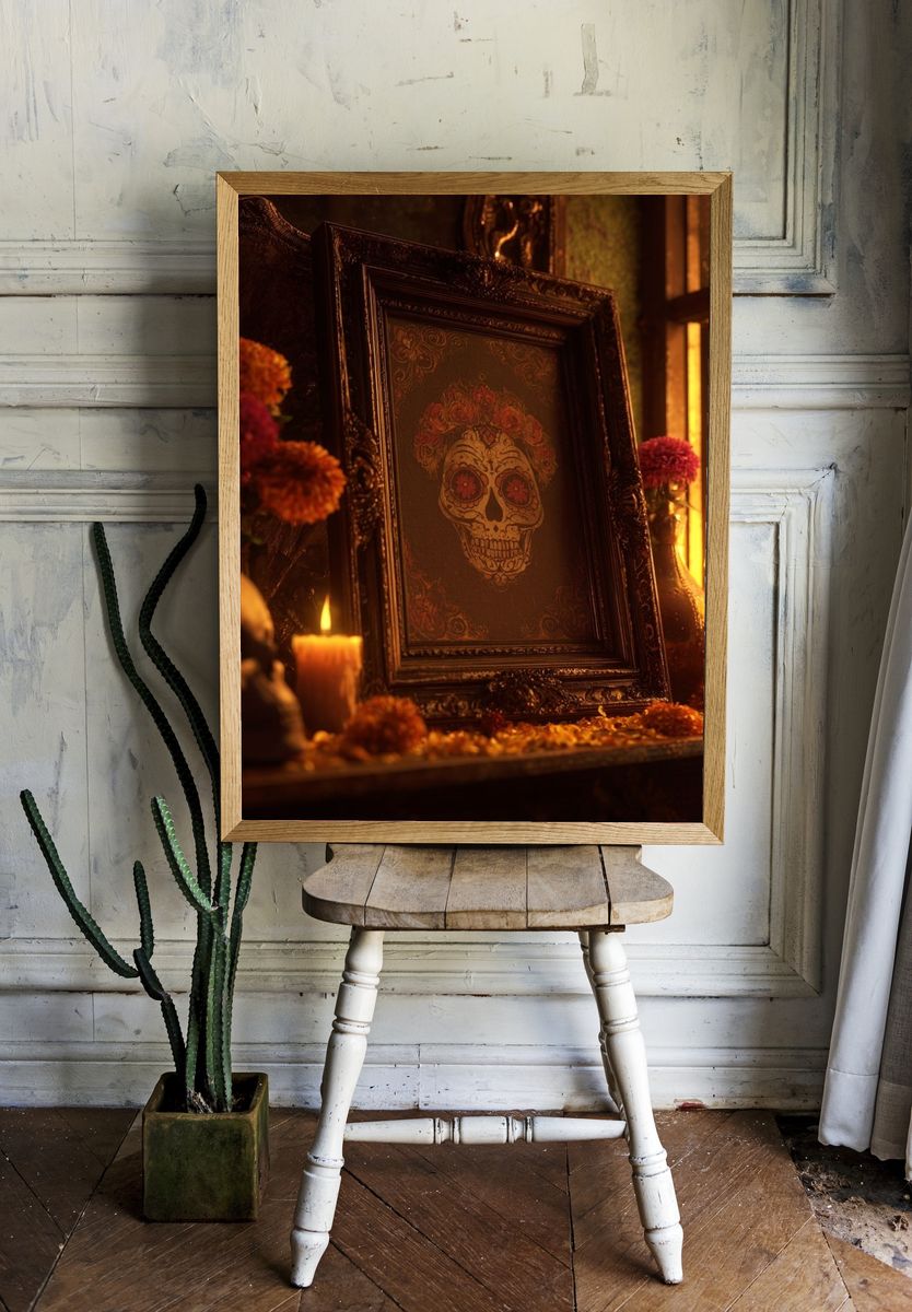 Sugar Skull with Floral Accents — Fine Art Print. room preview