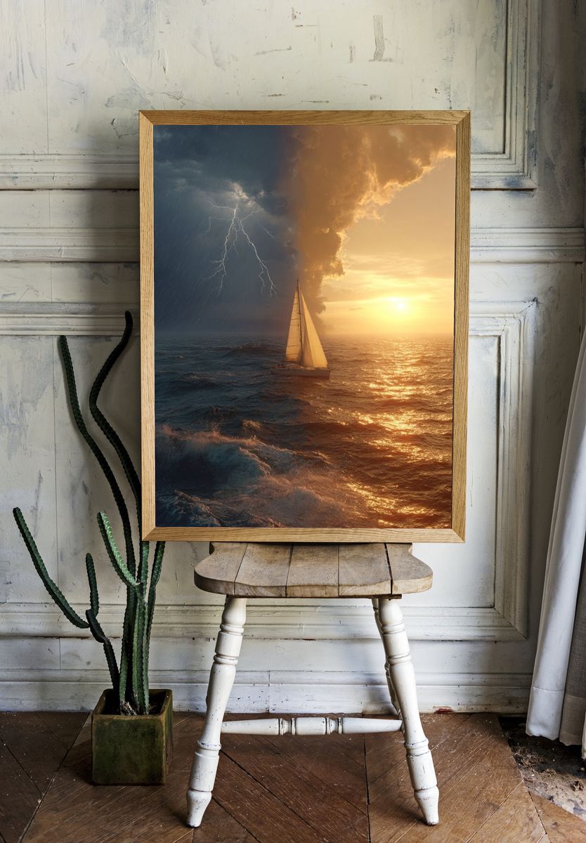 Stormy Sea and Sunset Sail — Photography Print. — room view 1
