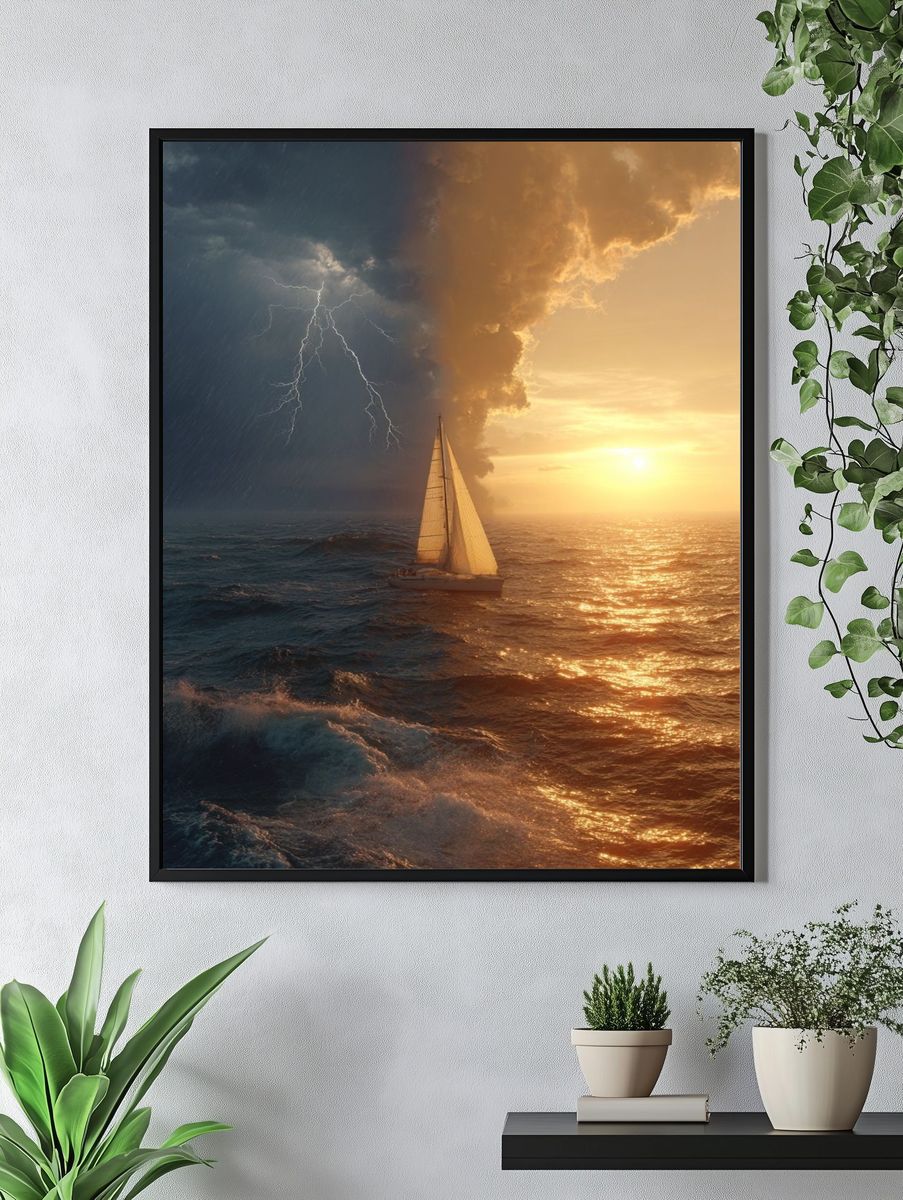Stormy Sea and Sunset Sail — Photography Print. — room view 4