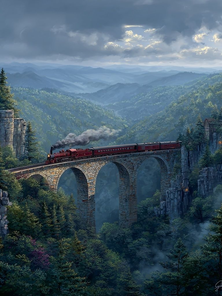 Steam Train Crossing a Bridge — Landscape Print. poster — nature art