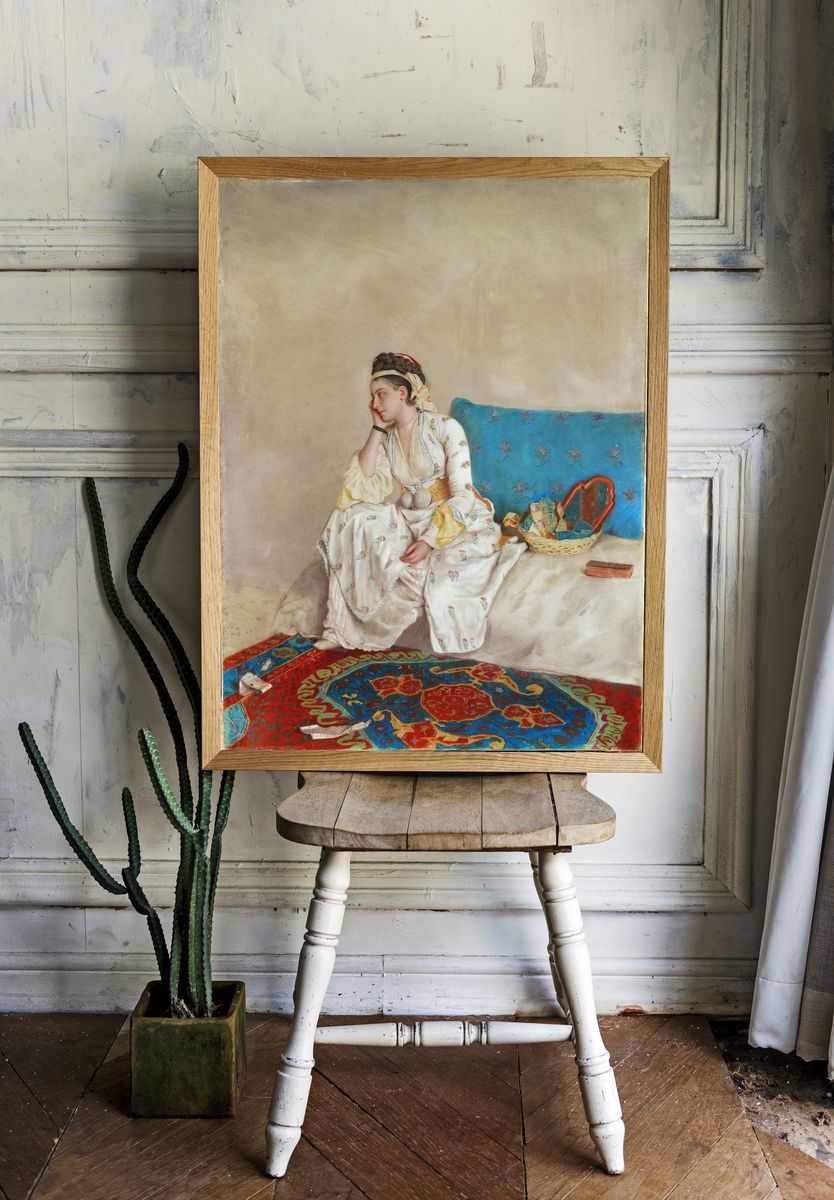 Woman in Turkish Dress, Seated on a Sofa by Jean Etienne Liotard — Art Print. room preview