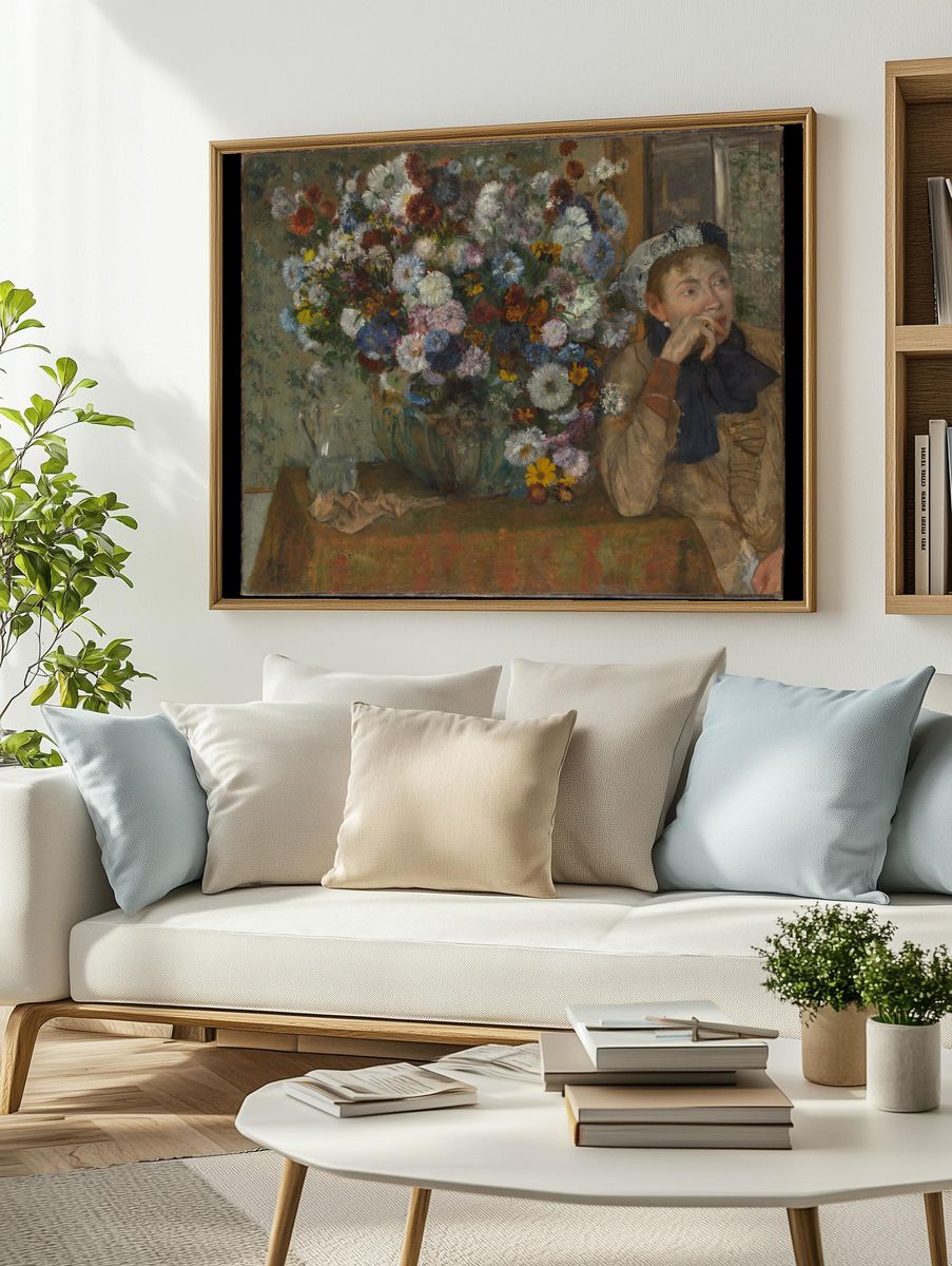 A Woman Seated beside a Vase of Flowers (Madame Paul Valpinçon?) by Edgar Degas — Art Print. — room view 2