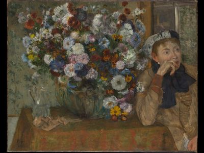 A Woman Seated beside a Vase of Flowers (Madame Paul Valpinçon?) by Edgar Degas — Art Print. poster print
