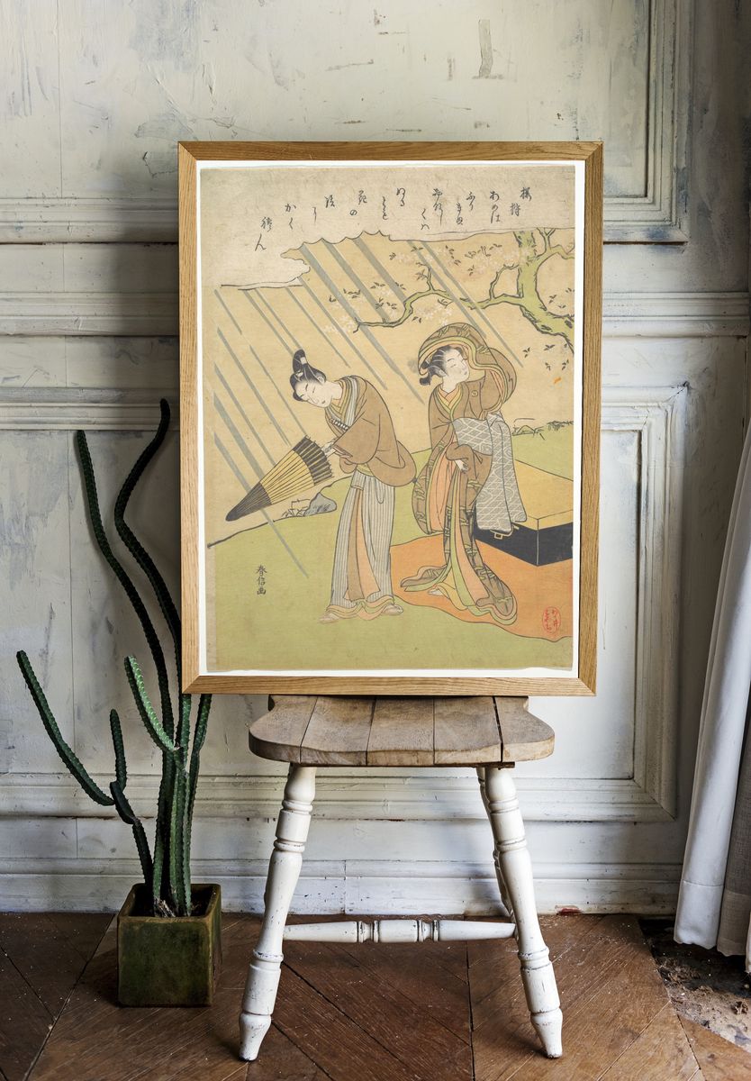 Young Man and Woman Caught in the Rain while Enjoying Cherry Blossoms (Sakura-gari) by Suzuki Harunobu — Art Print. — room view 1