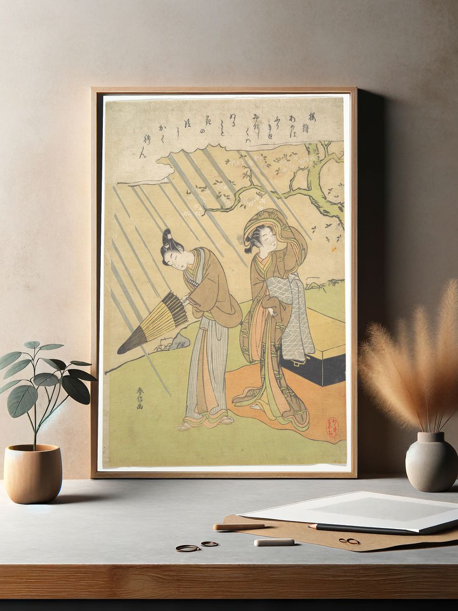 Young Man and Woman Caught in the Rain while Enjoying Cherry Blossoms (Sakura-gari) by Suzuki Harunobu — Art Print. — room view 2