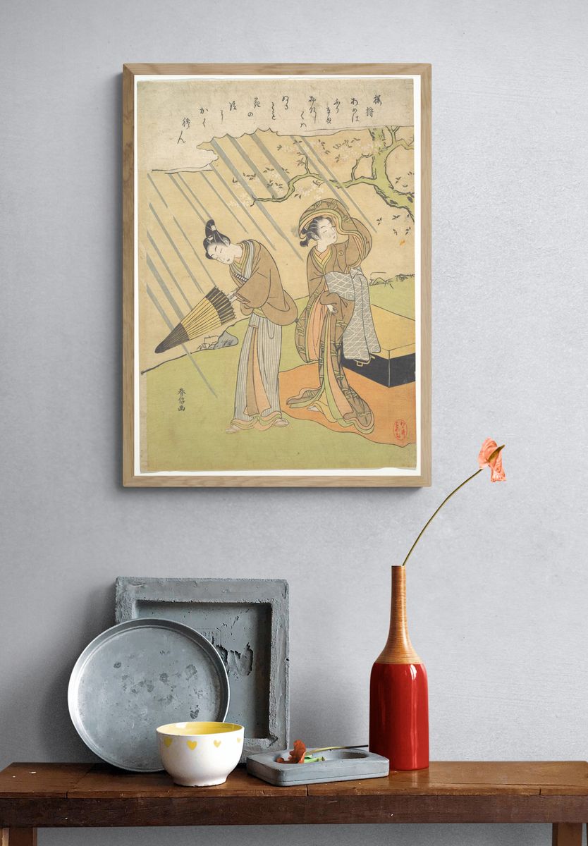 Young Man and Woman Caught in the Rain while Enjoying Cherry Blossoms (Sakura-gari) by Suzuki Harunobu — Art Print. — room view 3