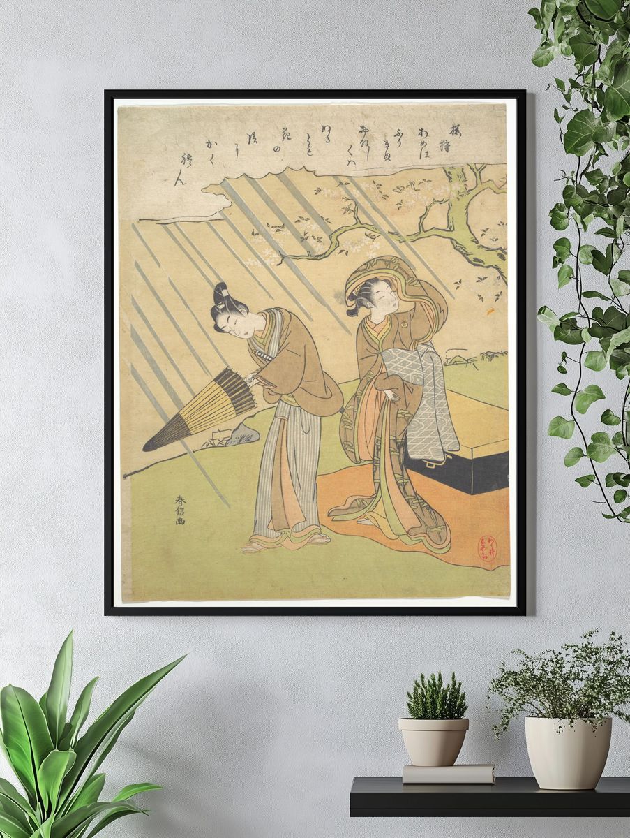 Young Man and Woman Caught in the Rain while Enjoying Cherry Blossoms (Sakura-gari) by Suzuki Harunobu — Art Print. — room view 4