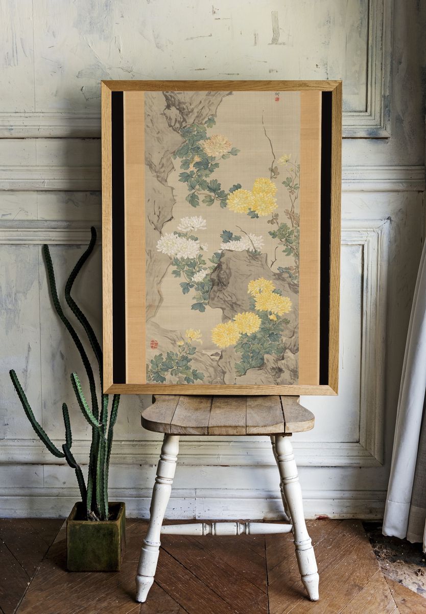 The Reflection of Fragrant Flowers Dangling over a Pond by Tsubaki Chinzan — Art Print. room preview