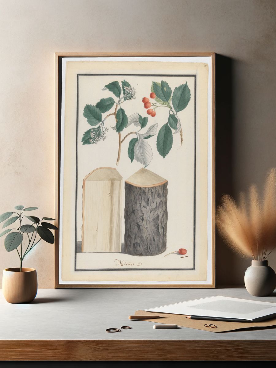 Studies of the leaves, blossoms, fruits and trunk of a whitebeam (Sorbus subgenus Aria) by Ludwig Pfleger — Art Print. — room view 2