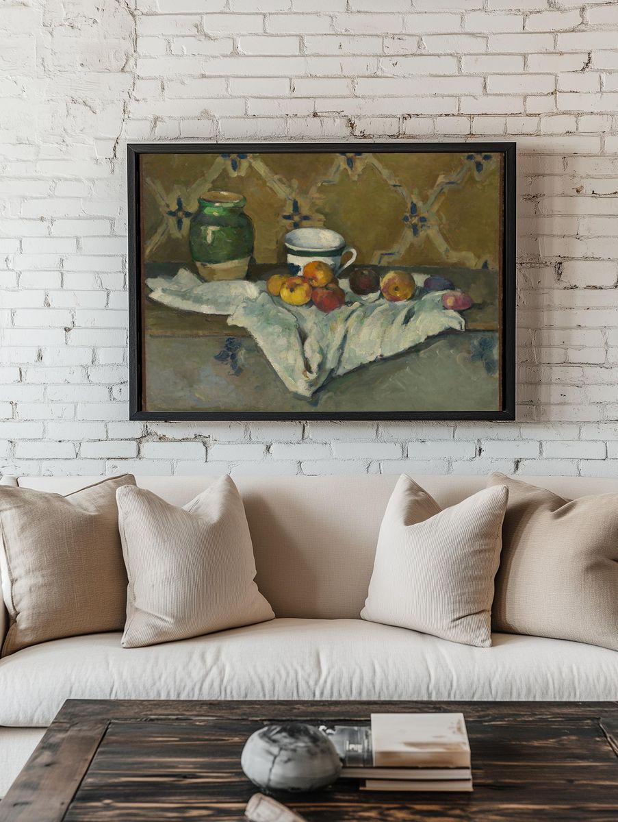 Still Life with Jar, Cup, and Apples by Paul Cézanne — Art Print. — room view 1