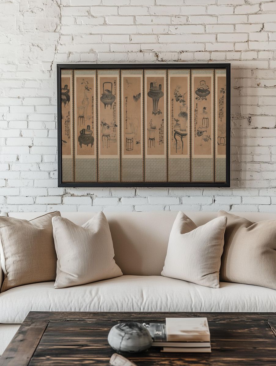 Still life with bronze vessels and flowering plants by Jang Seung-eop (sobriquet: Owon) — Art Print. room preview