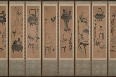 Still life with bronze vessels and flowering plants by Jang Seung-eop (sobriquet: Owon) — Art Print.