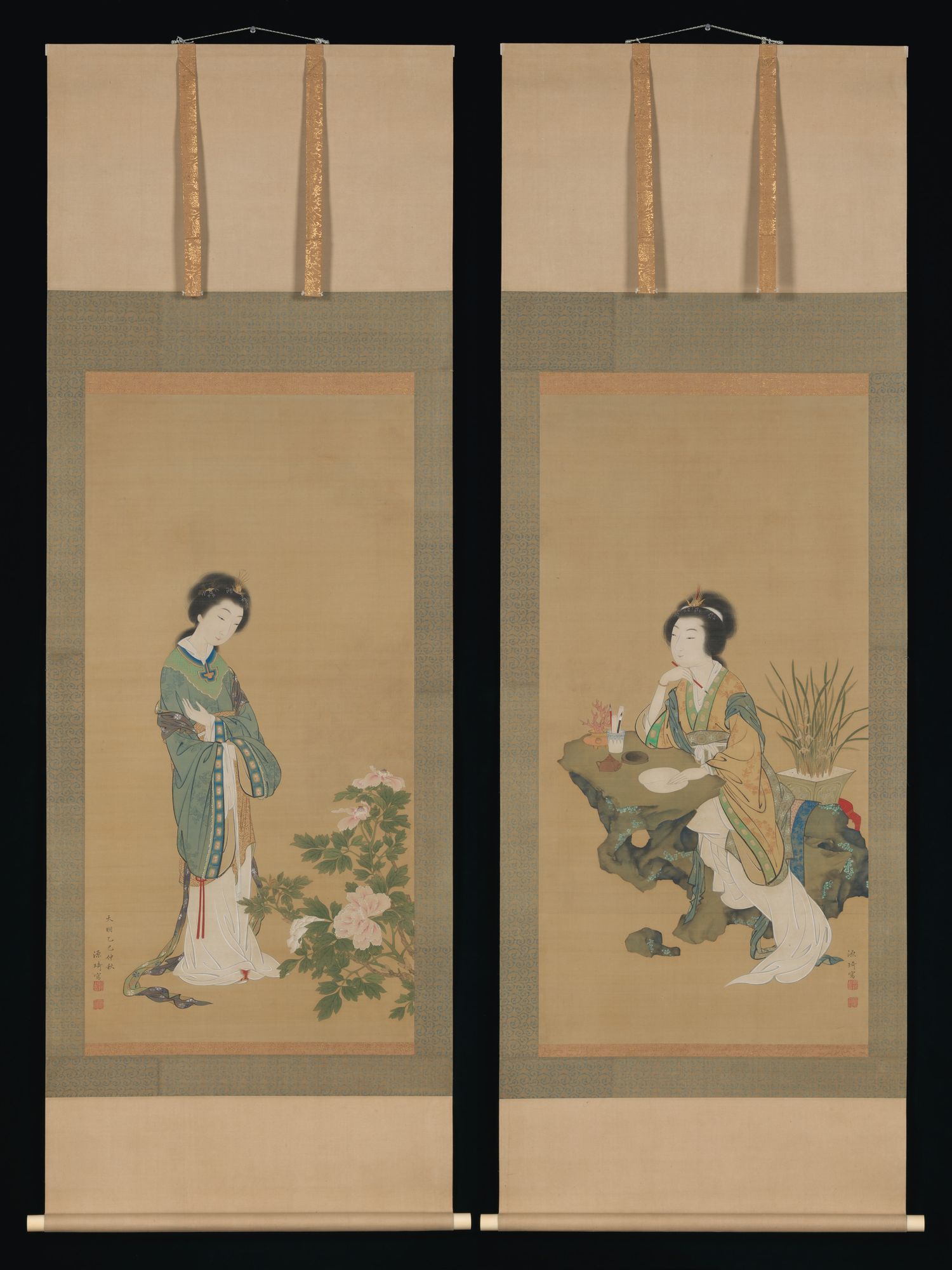 Yanji with Orchids and Yang Guifei with Peonies by Genki (Komai Ki) — Art Print. poster — fine-art art