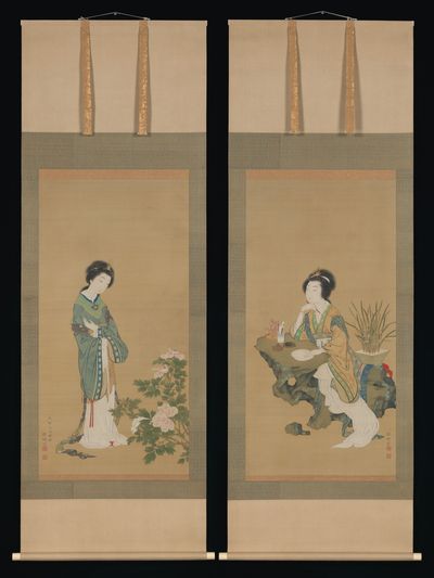 Yanji with Orchids and Yang Guifei with Peonies by Genki (Komai Ki) — Art Print. poster print