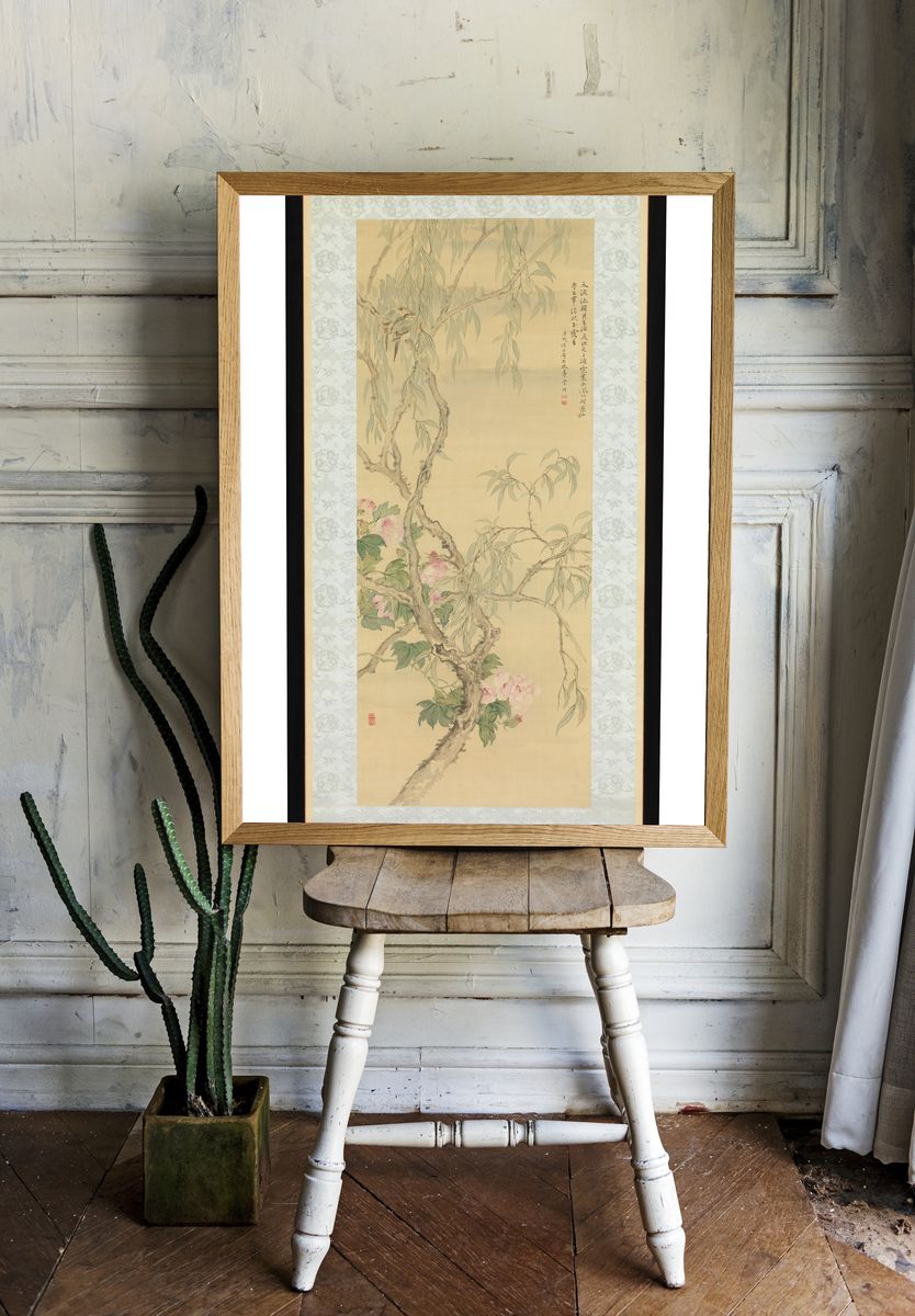 Small Birds on a Willow Branch and Hibiscus Blossoms by Tsubaki Chinzan — Art Print. — room view 1