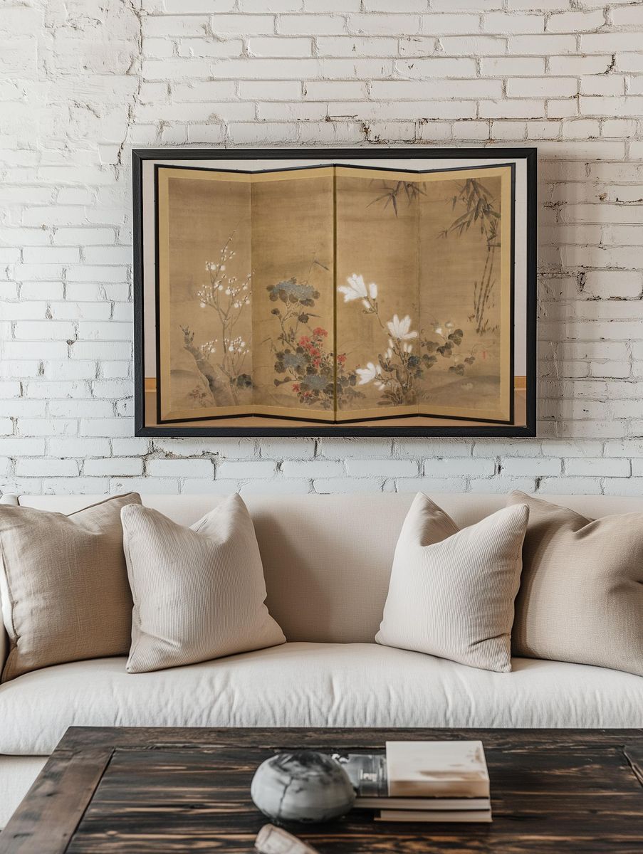 Flowers and Bamboo by flower still life — Art Print. — room view 1