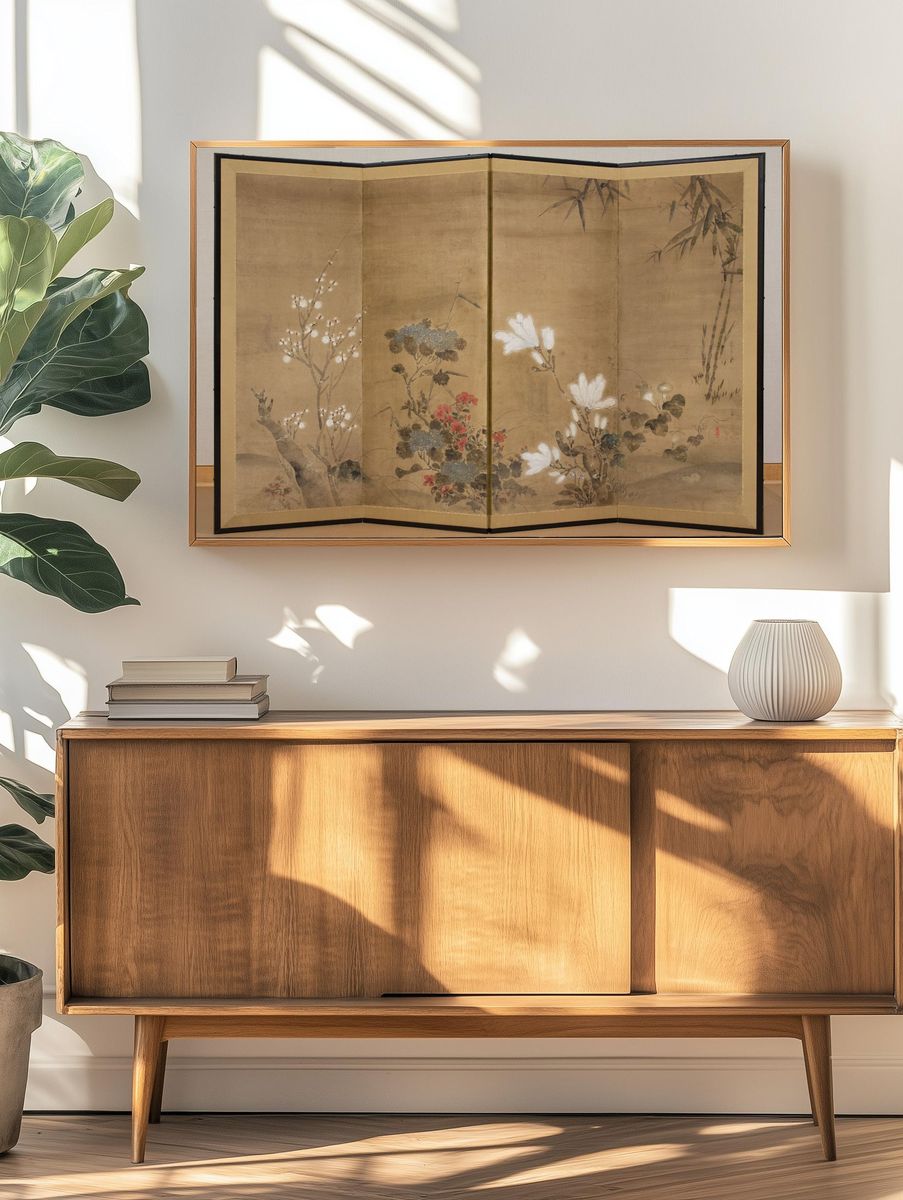 Flowers and Bamboo by flower still life — Art Print. — room view 3