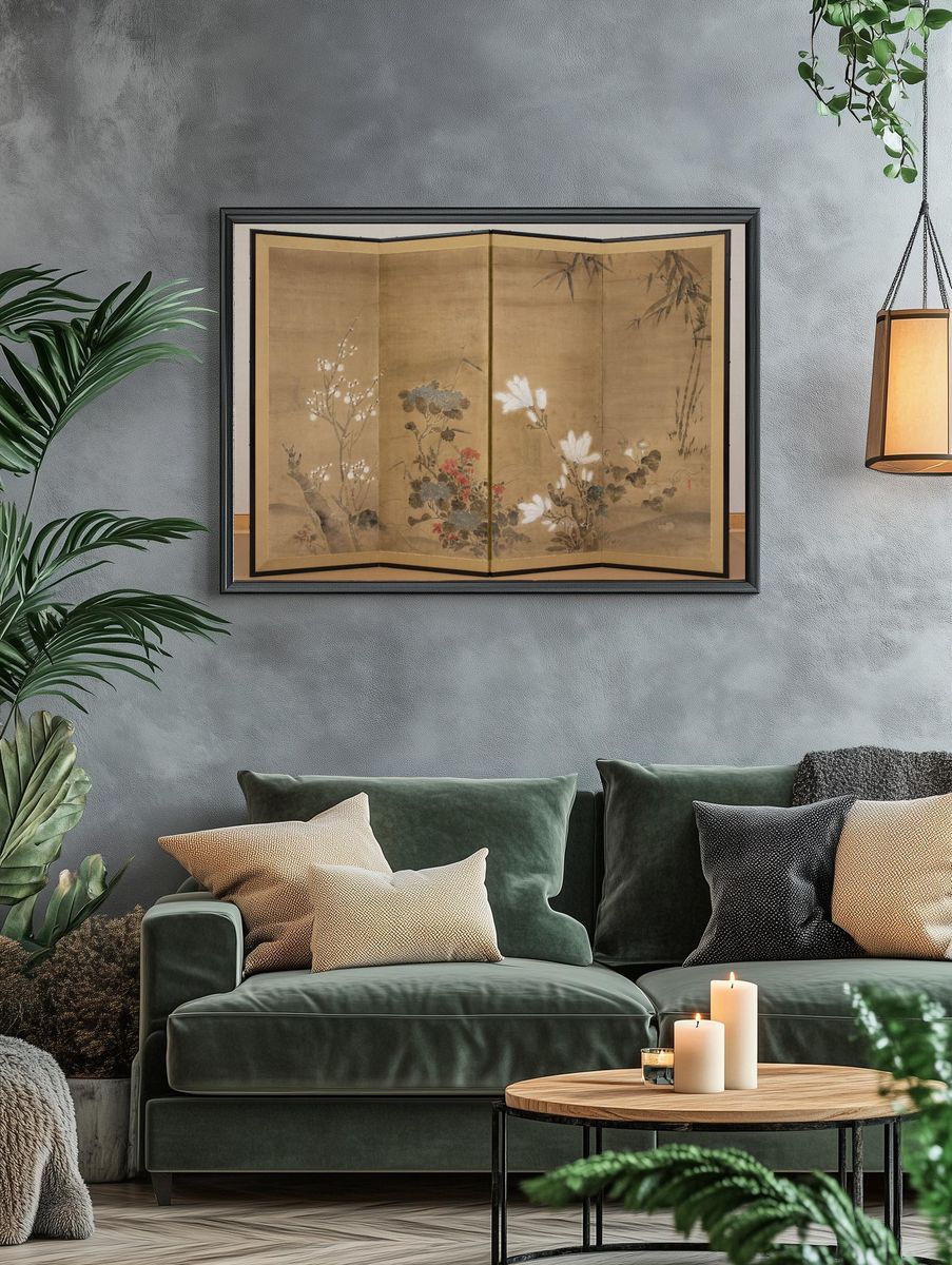 Flowers and Bamboo by flower still life — Art Print. — room view 4