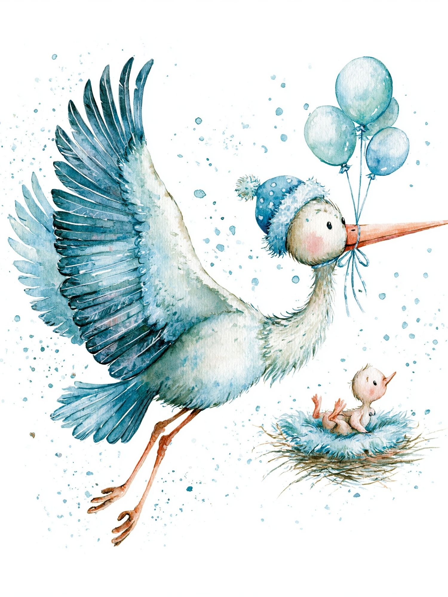 Stork with Balloons Watercolor Poster. poster — illustration art