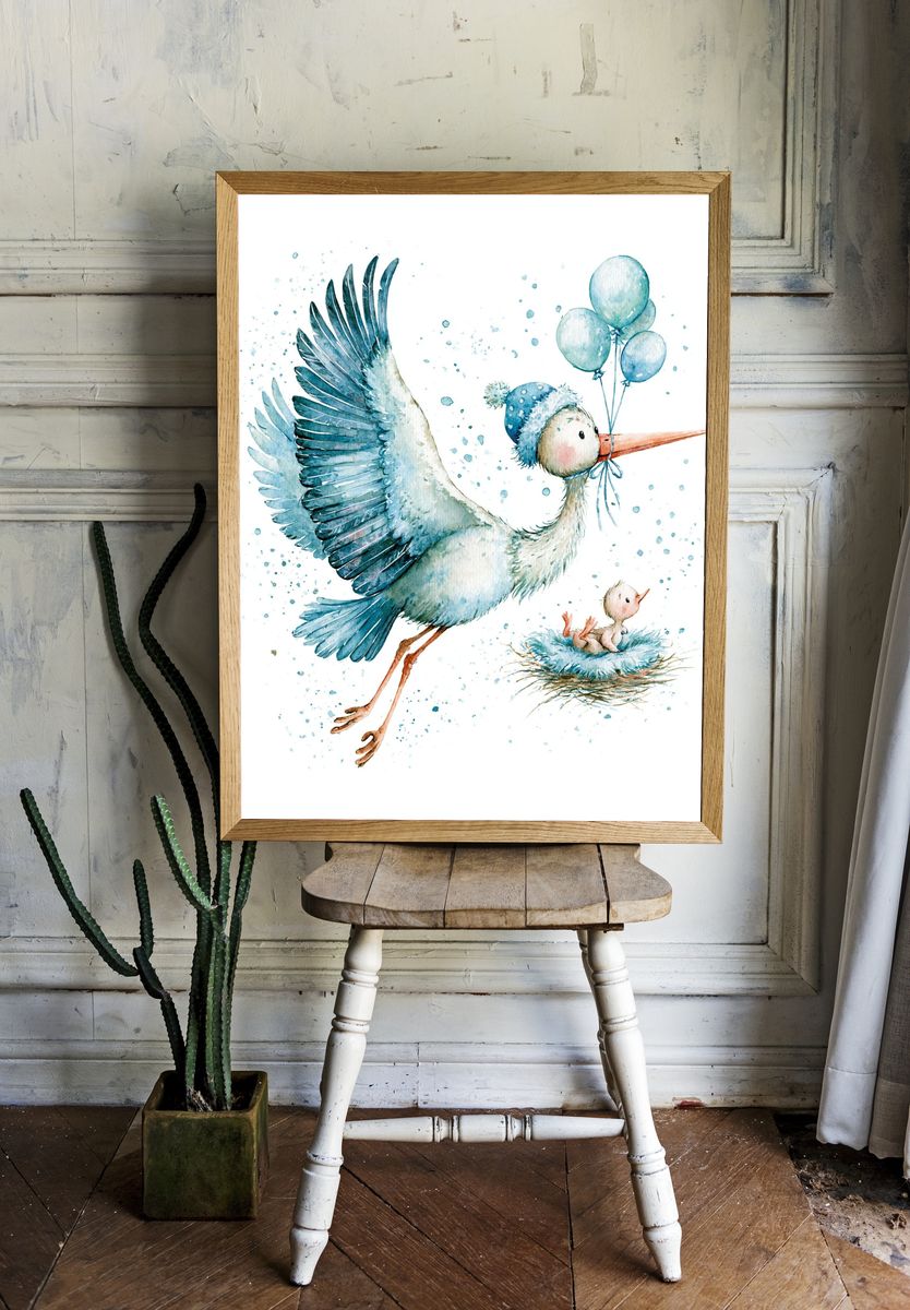 Stork with Balloons Watercolor Poster. — room view 1