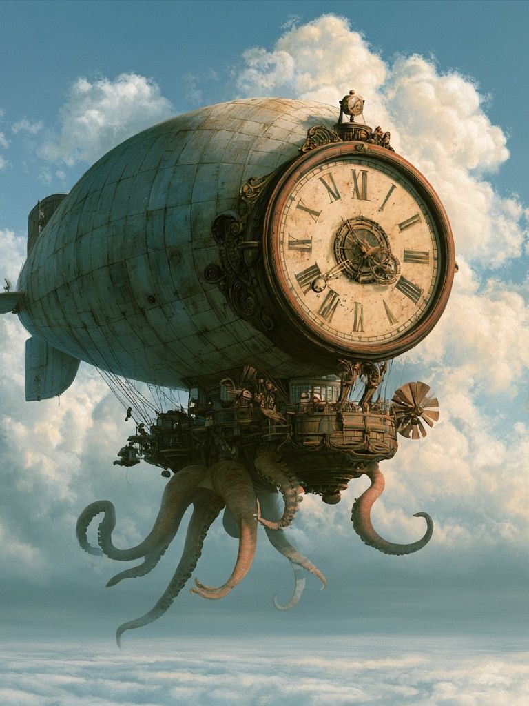 Steampunk Airship Clock Print. poster — illustration art