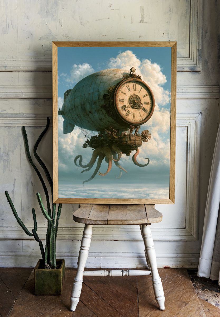 Steampunk Airship Clock Print. room preview