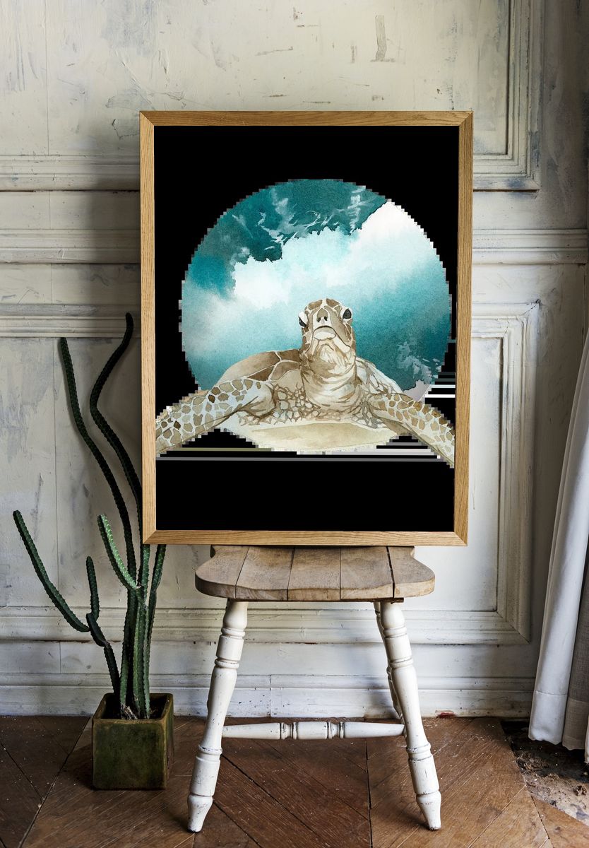 Watercolor painted turtle green badge. — room view 1