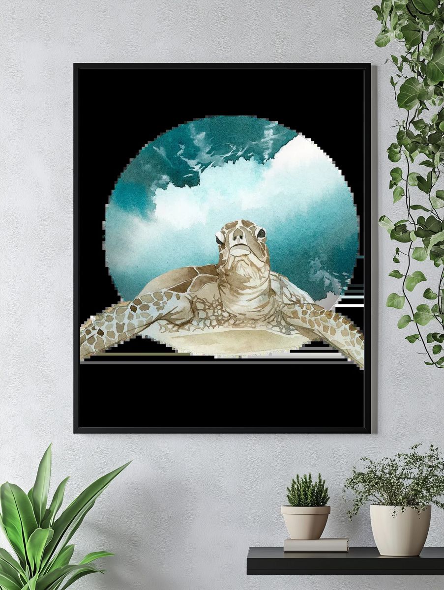 Watercolor painted turtle green badge. — room view 4