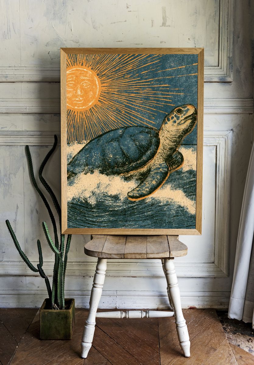 Sea Turtle Sunburst Vintage Print. room preview