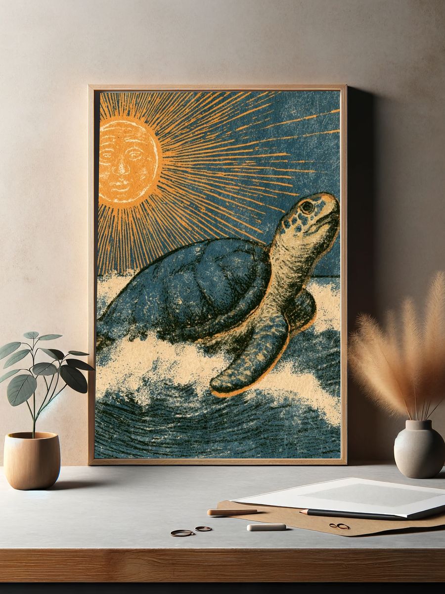 Sea Turtle Sunburst Vintage Print. — room view 2