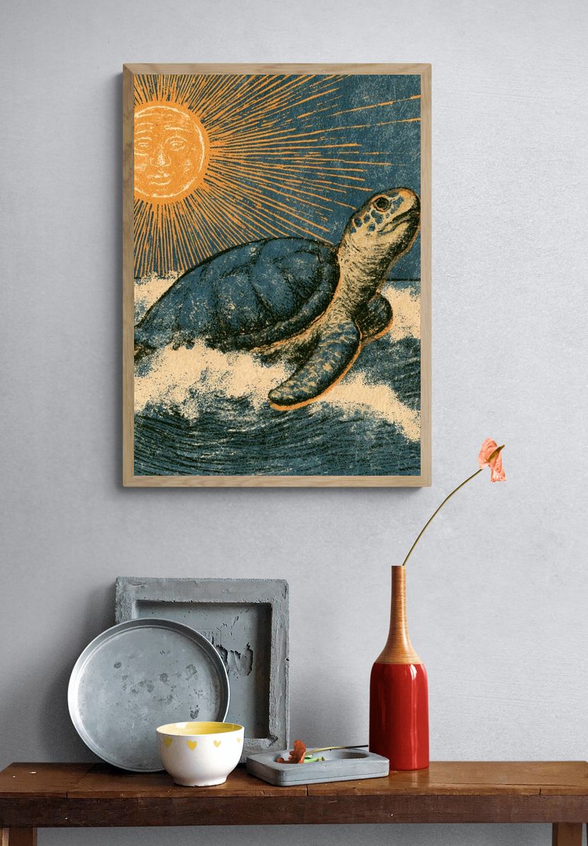 Sea Turtle Sunburst Vintage Print. — room view 3